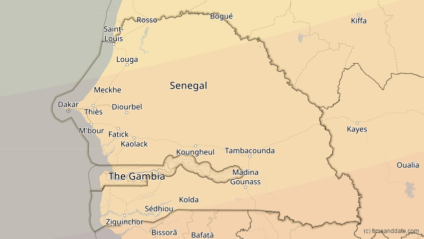 A map of Senegal, showing the path of the 20. Mär 2034 Totale Sonnenfinsternis