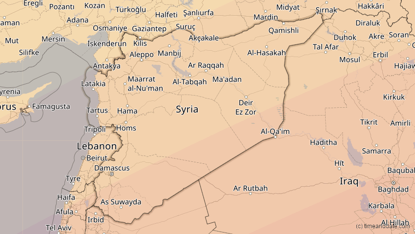 A map of Syrien, showing the path of the 20. Mär 2034 Totale Sonnenfinsternis