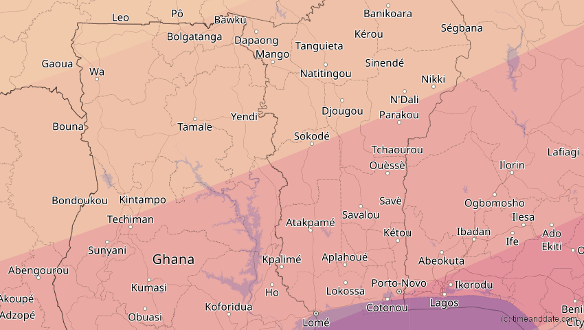A map of Togo, showing the path of the 20. Mär 2034 Totale Sonnenfinsternis
