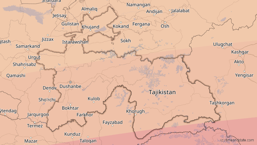 A map of Tadschikistan, showing the path of the 20. Mär 2034 Totale Sonnenfinsternis