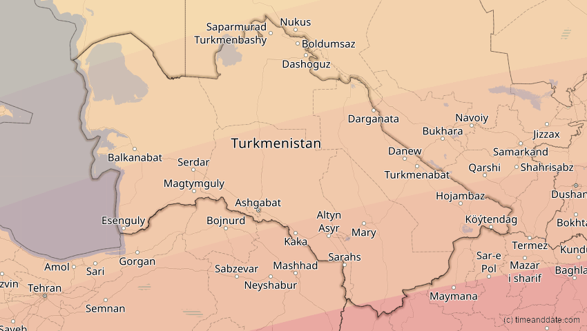 A map of Turkmenistan, showing the path of the 20. Mär 2034 Totale Sonnenfinsternis