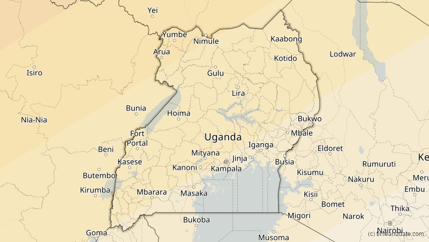 A map of Uganda, showing the path of the 20. Mär 2034 Totale Sonnenfinsternis