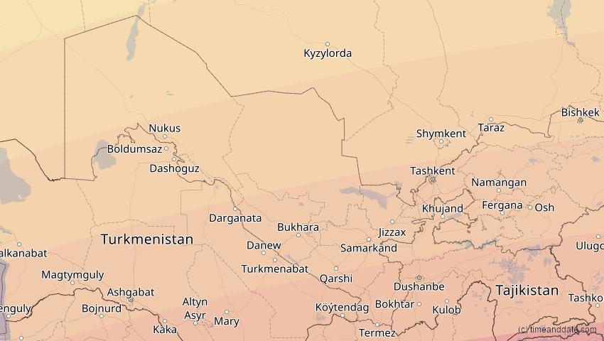 A map of Usbekistan, showing the path of the 20. Mär 2034 Totale Sonnenfinsternis