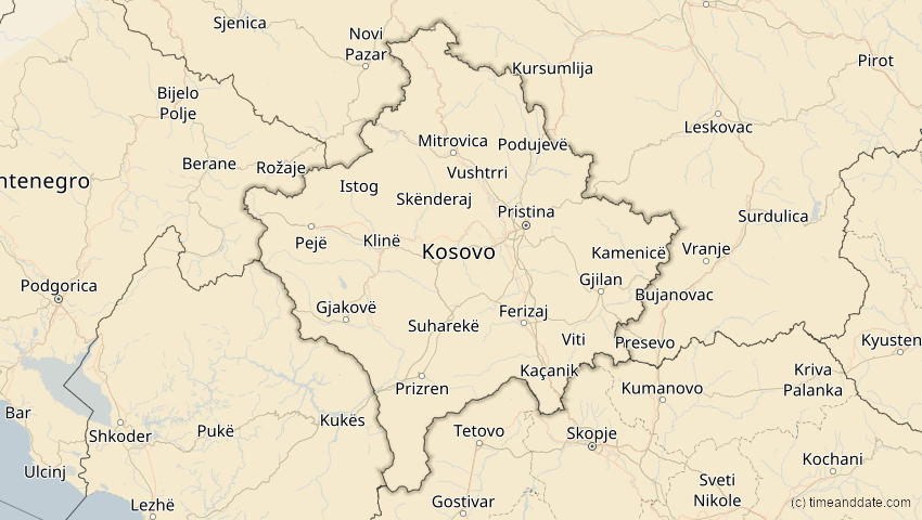 A map of Kosovo, showing the path of the 20. Mär 2034 Totale Sonnenfinsternis