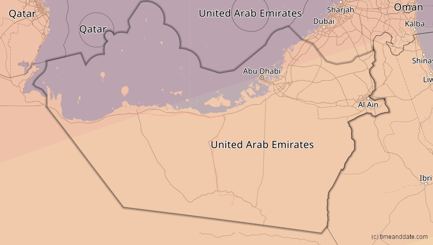 A map of Abu Dhabi, Vereinigte Arabische Emirate, showing the path of the 20. Mär 2034 Totale Sonnenfinsternis