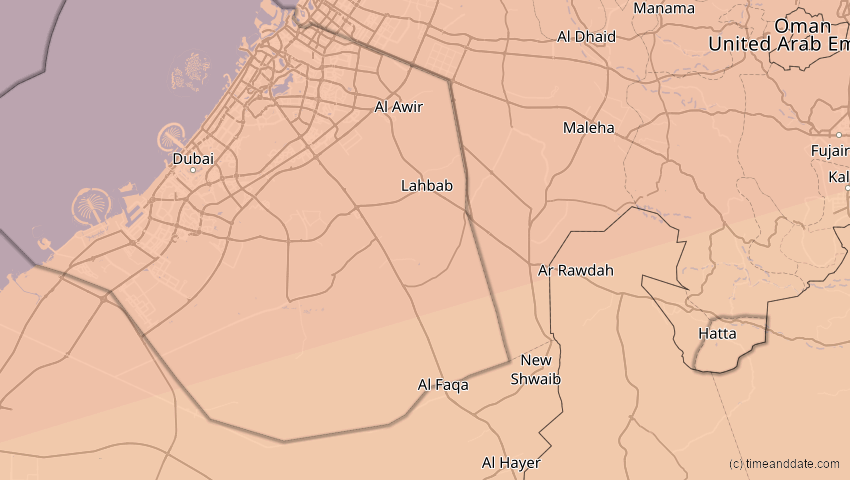 A map of Dubai, Vereinigte Arabische Emirate, showing the path of the 20. Mär 2034 Totale Sonnenfinsternis