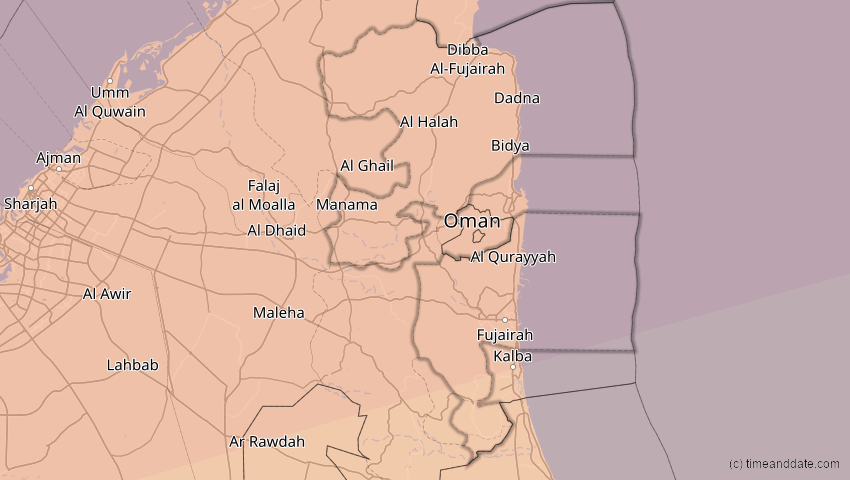A map of Fudschaira, Vereinigte Arabische Emirate, showing the path of the 20. Mär 2034 Totale Sonnenfinsternis