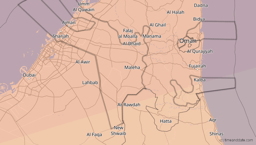A map of Schardscha, Vereinigte Arabische Emirate, showing the path of the 20. Mär 2034 Totale Sonnenfinsternis