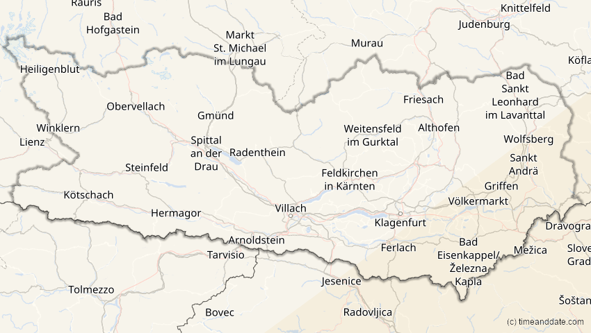 A map of Kärnten, Österreich, showing the path of the 20. Mär 2034 Totale Sonnenfinsternis