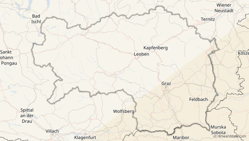 A map of Steiermark, Österreich, showing the path of the 20. Mär 2034 Totale Sonnenfinsternis