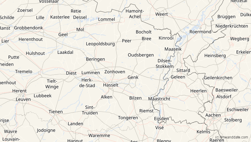 A map of Limburg, Belgien, showing the path of the 20. Mär 2034 Totale Sonnenfinsternis