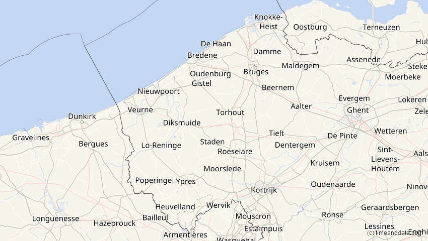 A map of Westflandern, Belgien, showing the path of the 20. Mär 2034 Totale Sonnenfinsternis