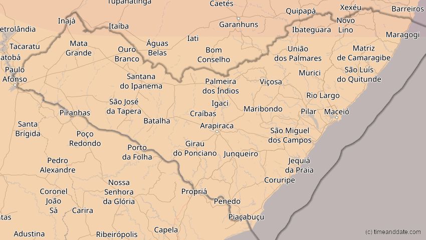 A map of Alagoas, Brasilien, showing the path of the 20. Mär 2034 Totale Sonnenfinsternis