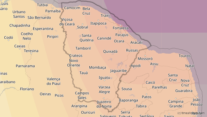 A map of Ceará, Brasilien, showing the path of the 20. Mär 2034 Totale Sonnenfinsternis