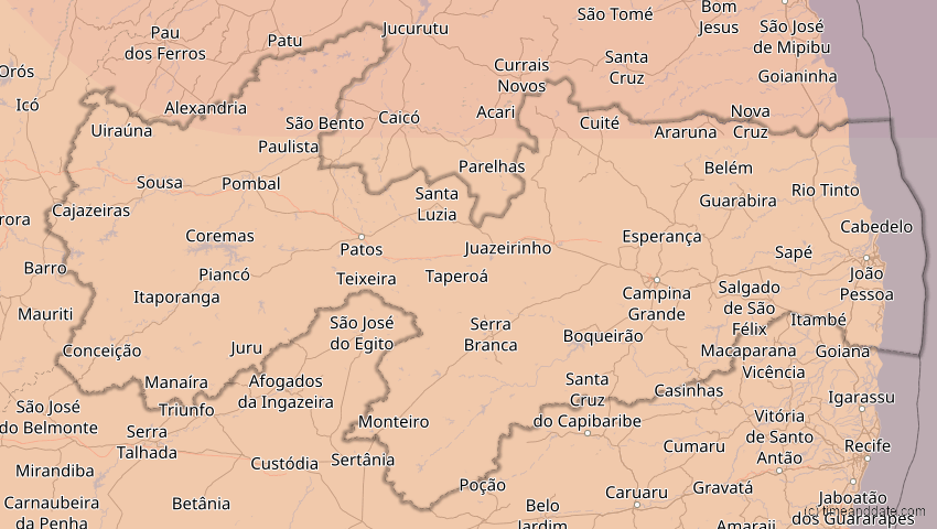 A map of Paraíba, Brasilien, showing the path of the 20. Mär 2034 Totale Sonnenfinsternis