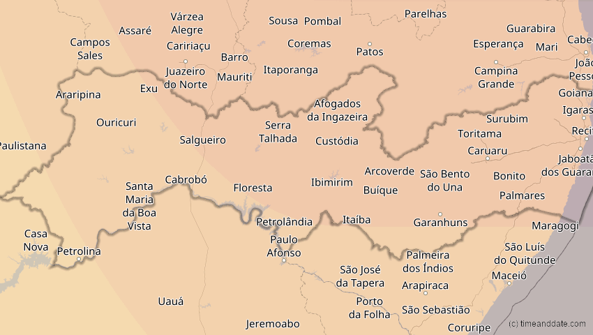 A map of Pernambuco, Brasilien, showing the path of the 20. Mär 2034 Totale Sonnenfinsternis