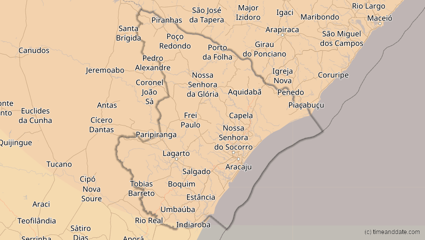 A map of Sergipe, Brasilien, showing the path of the 20. Mär 2034 Totale Sonnenfinsternis