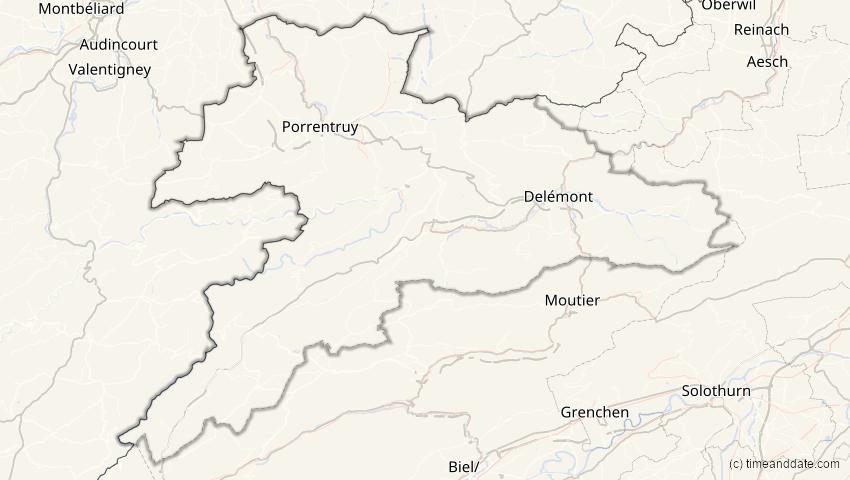 A map of Jura, Schweiz, showing the path of the 20. Mär 2034 Totale Sonnenfinsternis