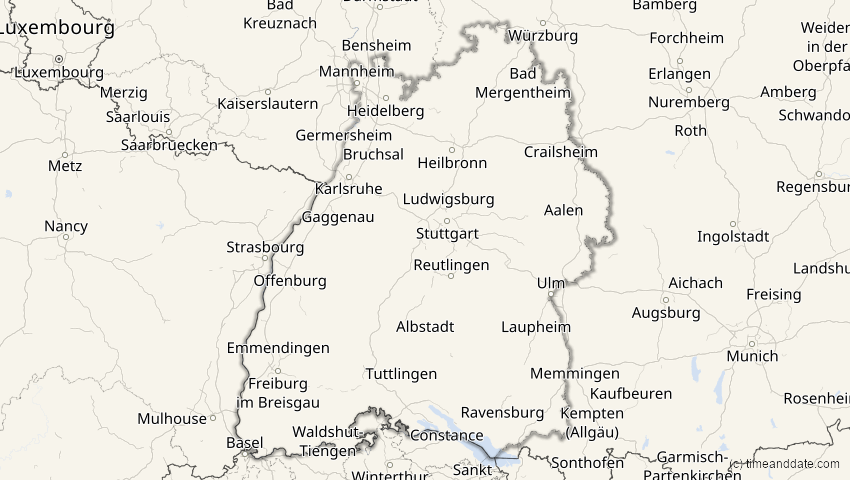 A map of Baden-Württemberg, Deutschland, showing the path of the 20. Mär 2034 Totale Sonnenfinsternis