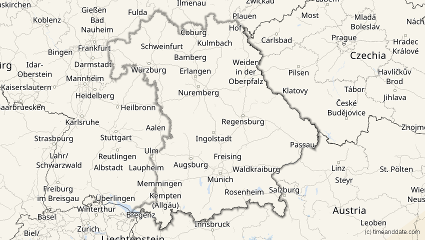 A map of Bayern, Deutschland, showing the path of the 20. Mär 2034 Totale Sonnenfinsternis