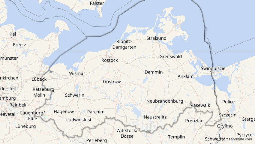 A map of Mecklenburg-Vorpommern, Deutschland, showing the path of the 20. Mär 2034 Totale Sonnenfinsternis