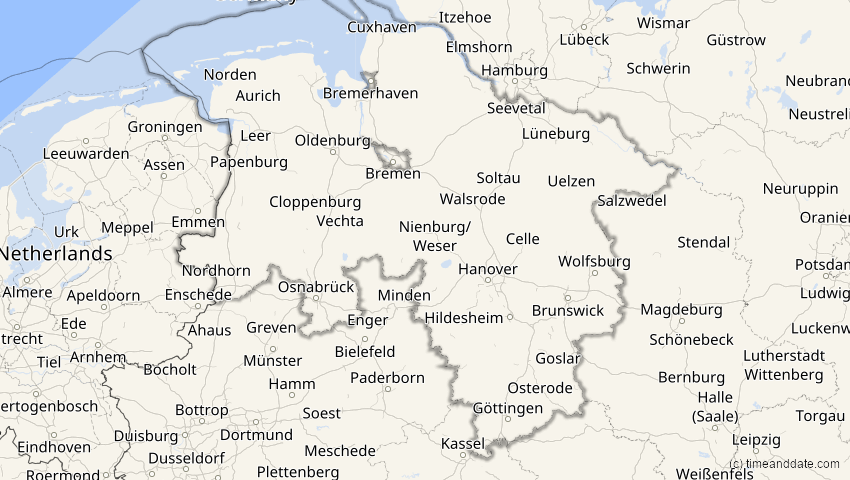 A map of Niedersachsen, Deutschland, showing the path of the 20. Mär 2034 Totale Sonnenfinsternis