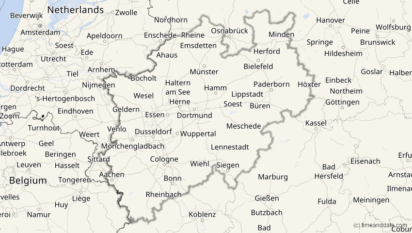 A map of Nordrhein-Westfalen, Deutschland, showing the path of the 20. Mär 2034 Totale Sonnenfinsternis