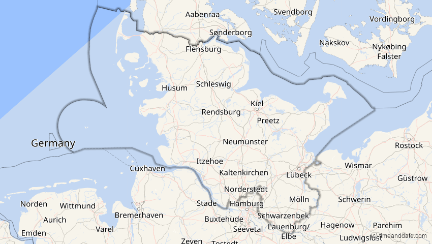A map of Schleswig-Holstein, Deutschland, showing the path of the 20. Mär 2034 Totale Sonnenfinsternis