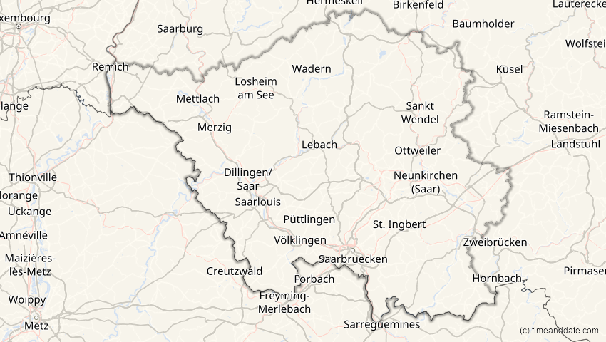 A map of Saarland, Deutschland, showing the path of the 20. Mär 2034 Totale Sonnenfinsternis
