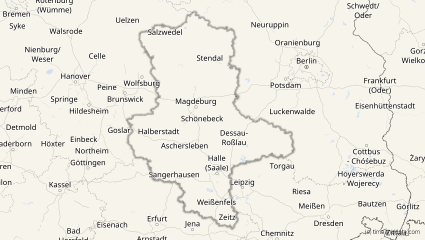 A map of Sachsen-Anhalt, Deutschland, showing the path of the 20. Mär 2034 Totale Sonnenfinsternis