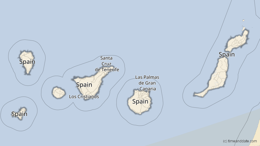 A map of Kanarische Inseln, Spanien, showing the path of the 20. Mär 2034 Totale Sonnenfinsternis