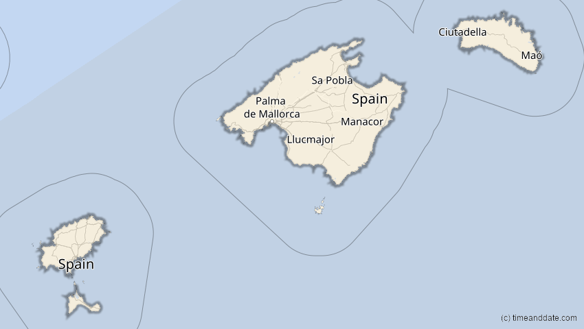 A map of Balearische Inseln, Spanien, showing the path of the 20. Mär 2034 Totale Sonnenfinsternis