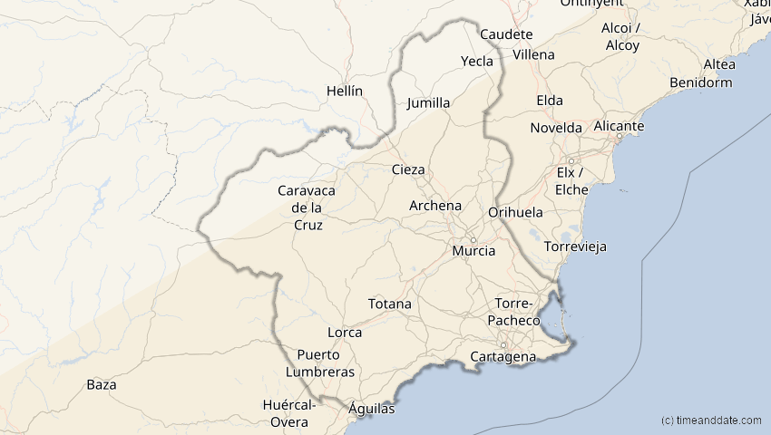 A map of Murcia, Spanien, showing the path of the 20. Mär 2034 Totale Sonnenfinsternis