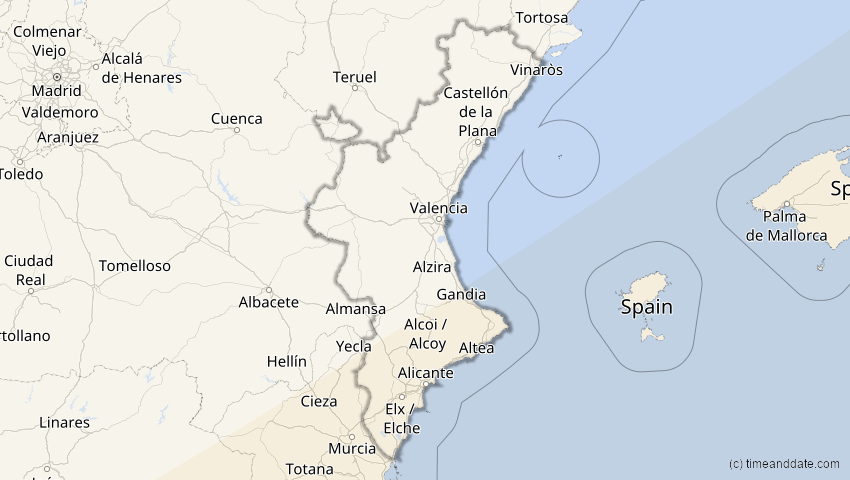 A map of Valencia, Spanien, showing the path of the 20. Mär 2034 Totale Sonnenfinsternis