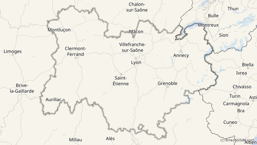 A map of Auvergne-Rhône-Alpes, Frankreich, showing the path of the 20. Mär 2034 Totale Sonnenfinsternis