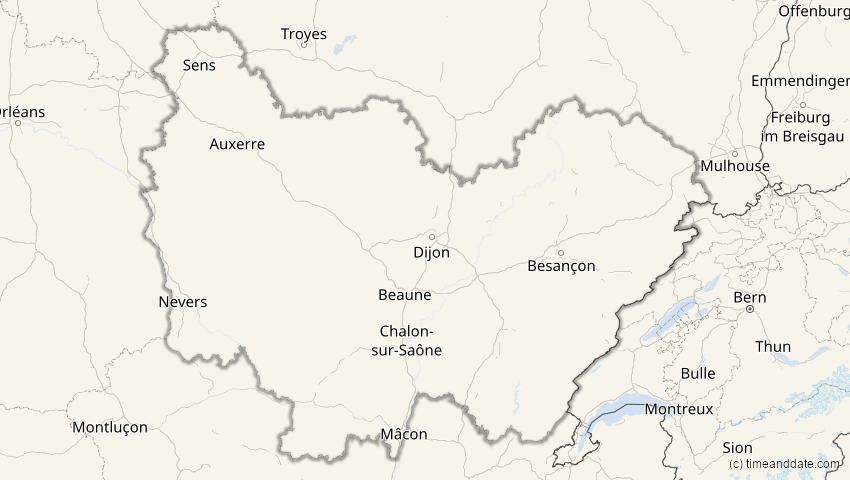 A map of Bourgogne-Franche-Comté, Frankreich, showing the path of the 20. Mär 2034 Totale Sonnenfinsternis
