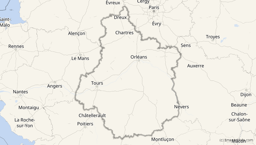 A map of Centre-Val de Loire, Frankreich, showing the path of the 20. Mär 2034 Totale Sonnenfinsternis