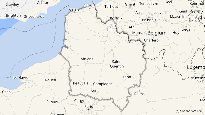 A map of Hauts-de-France, Frankreich, showing the path of the 20. Mär 2034 Totale Sonnenfinsternis