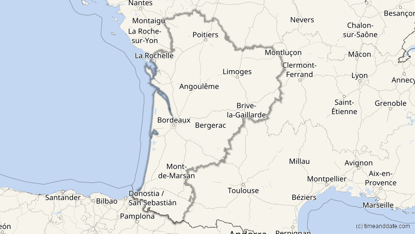 A map of Nouvelle-Aquitaine, Frankreich, showing the path of the 20. Mär 2034 Totale Sonnenfinsternis