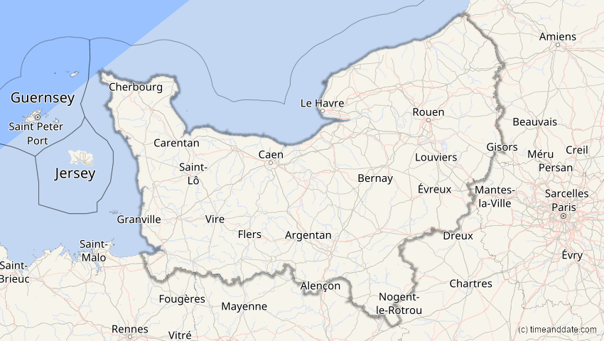A map of Normandie, Frankreich, showing the path of the 20. Mär 2034 Totale Sonnenfinsternis