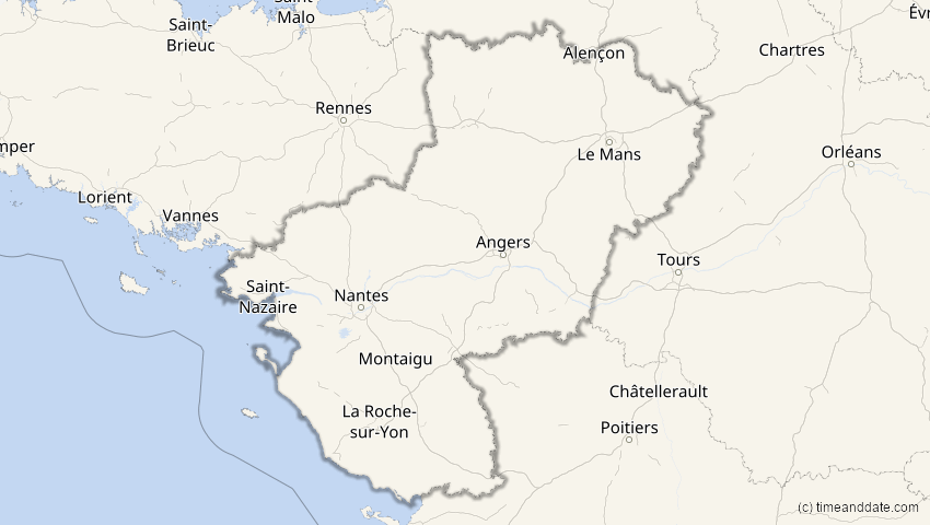 A map of Pays de la Loire, Frankreich, showing the path of the 20. Mär 2034 Totale Sonnenfinsternis