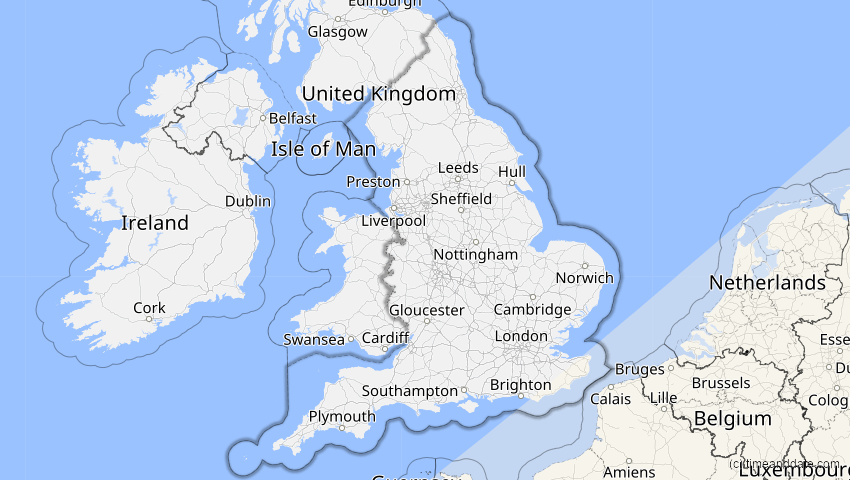 A map of England, Großbritannien, showing the path of the 20. Mär 2034 Totale Sonnenfinsternis