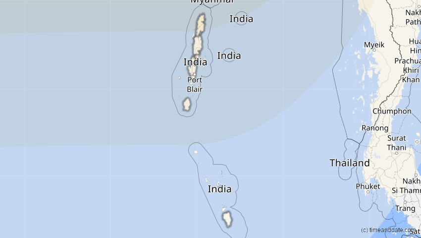A map of Andamanen und Nikobaren, Indien, showing the path of the 20. Mär 2034 Totale Sonnenfinsternis