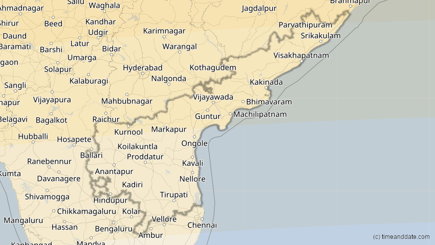 A map of Andhra Pradesh, Indien, showing the path of the 20. Mär 2034 Totale Sonnenfinsternis