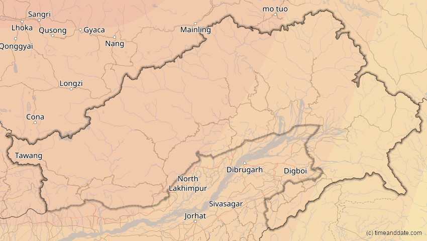 A map of Arunachal Pradesh, Indien, showing the path of the 20. Mär 2034 Totale Sonnenfinsternis