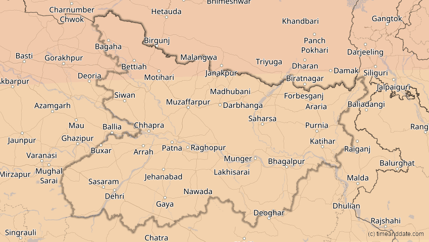 A map of Bihar, Indien, showing the path of the 20. Mär 2034 Totale Sonnenfinsternis