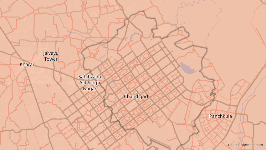 A map of Chandigarh, Indien, showing the path of the 20. Mär 2034 Totale Sonnenfinsternis
