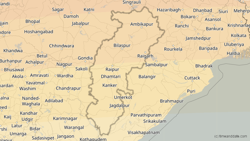 A map of Chhattisgarh, Indien, showing the path of the 20. Mär 2034 Totale Sonnenfinsternis