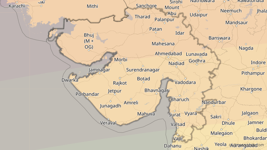A map of Gujarat, Indien, showing the path of the 20. Mär 2034 Totale Sonnenfinsternis