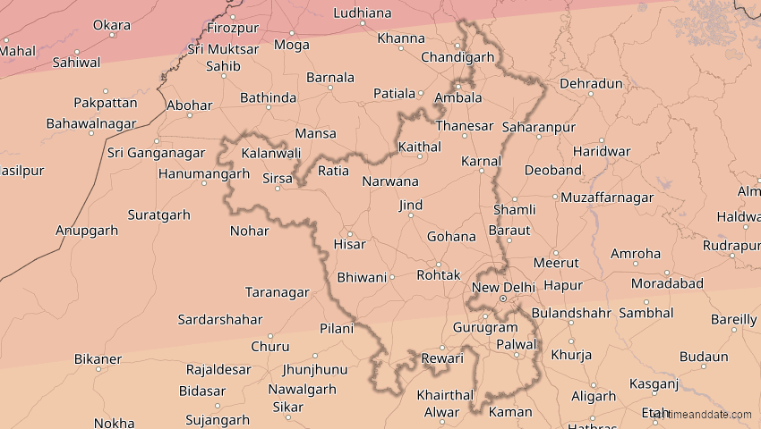A map of Haryana, Indien, showing the path of the 20. Mär 2034 Totale Sonnenfinsternis